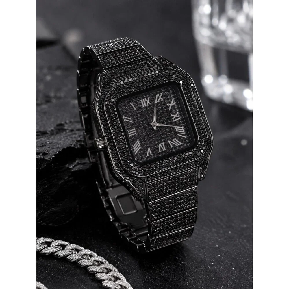 Iced Out VVS Simulated Black Diamond Stainless Steel Watch Pave Set Fully Iced